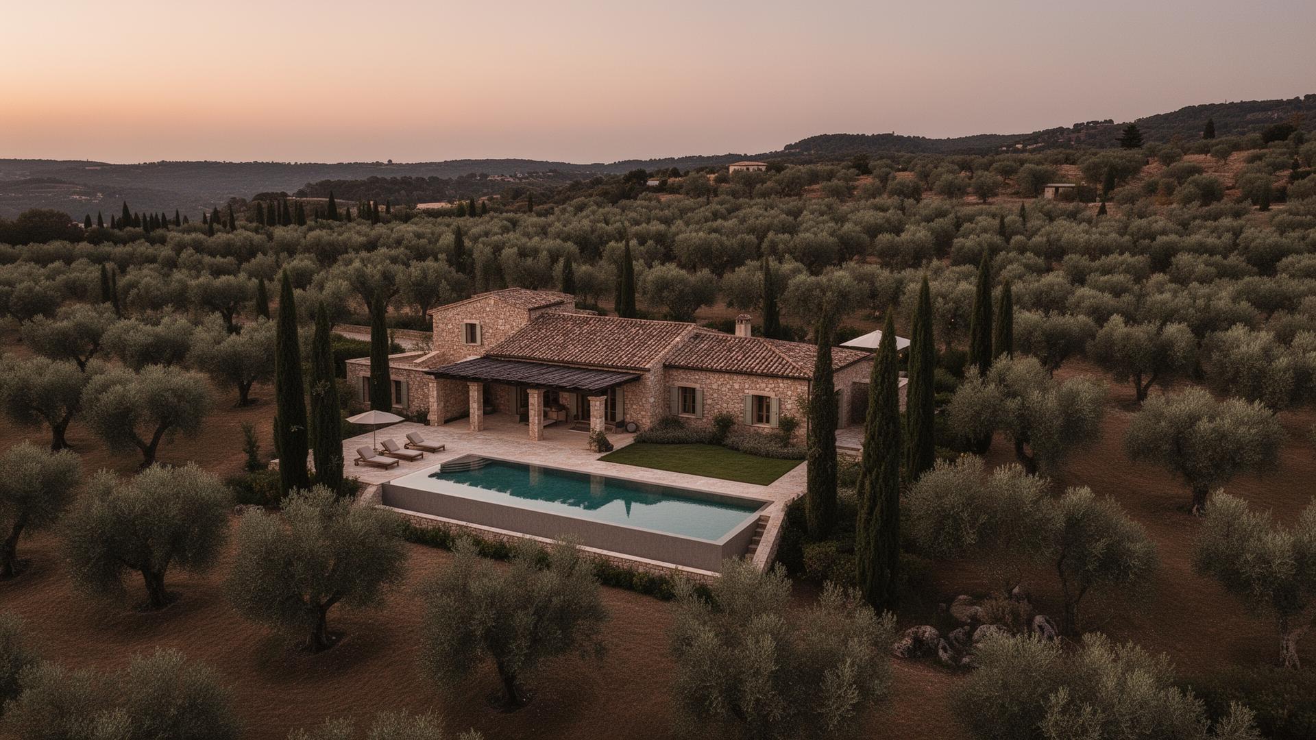 Private Mediterranean estate among olive trees at dusk
